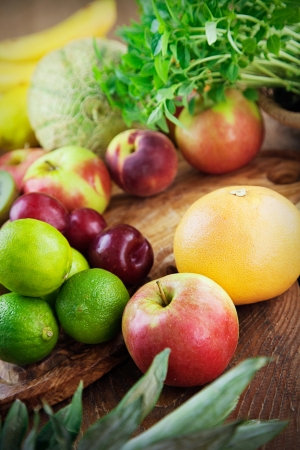 Fruit variety on wood  Tropical exotic food concept の写真素材