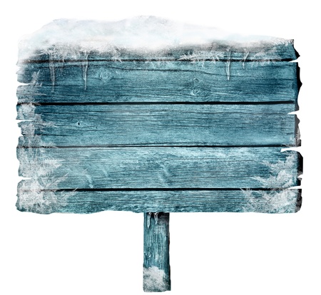 Wooden sign in winter with copyspace  Frozen wood sign with snow, ice and crystals  Space for your text の写真素材