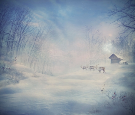 Winter design - Reindeer forest  Christmas design card  Holiday landscape with winter forest, snow, rabbit and reindeer  Card with copyspace の写真素材