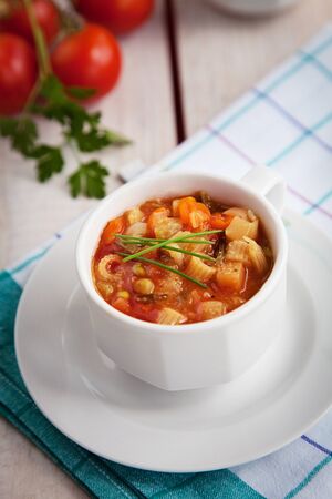 Vegetarian food. Vegetable organic soup with pasta.の写真素材