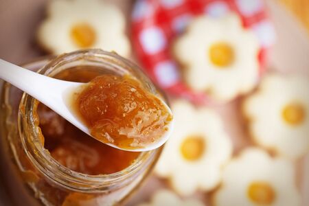 Christmas baking.Butter cookies with jam and sugar.の写真素材