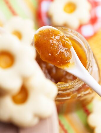 Christmas baking.Butter cookies with jam and sugar.の写真素材