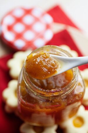 Christmas baking Butter cookies with jam and sugar の写真素材