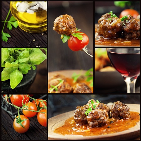 Food series. Italian food collage with meat balls and ingredients: fresh tomatoes, basil, olive oil and red wine.の写真素材