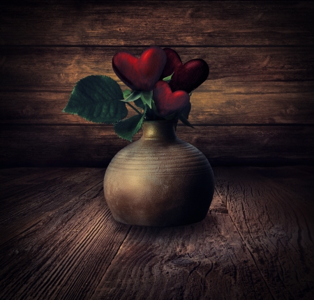 Valentines design - Heart Flowers. Illustration with heart flowers in rustic vaseの写真素材