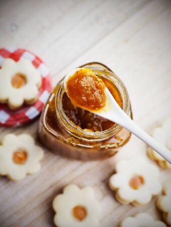 Christmas baking Butter cookies with jam and sugar の写真素材