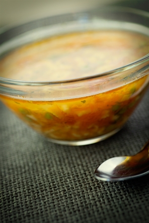 Vegetable soup  Stew with carrots, peas, pasta and parsleyの写真素材