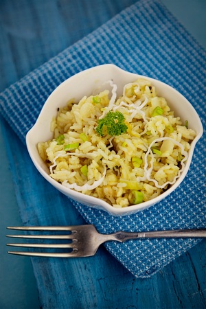 Vegetarian food. Leek risotto with garnishの写真素材
