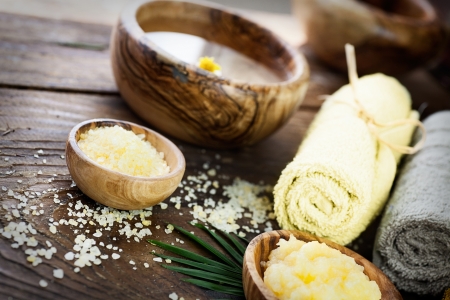 Nature yellow spa setting  Wellness theme with wildflowers and dayspa cosmetics hygiene products の写真素材