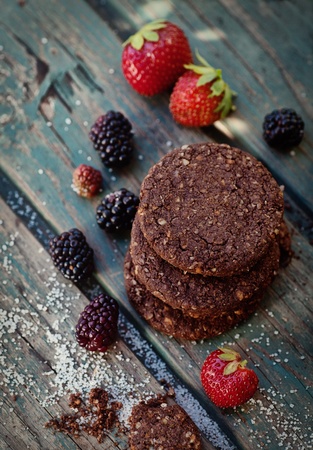 Dessert cookies. Oatmeal chocolate cookies with berries  fruitの写真素材