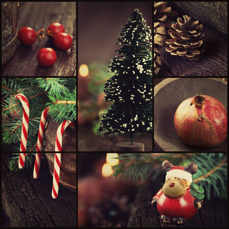 Christmas series. Collage of rustic Xmas ornaments and decoration. Christmas tree, reindeer, lolipop candy. の写真素材