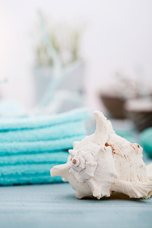 Spa and wellness setting with flowers, candles and towel. Blue dayspa nature set with copyspaceの写真素材