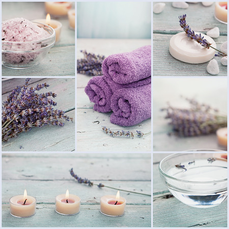 Spa collage series. Spa collage made of five images. Floral water, lavender flowers, bath salt, candles and towel.の写真素材