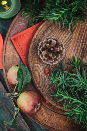 Christmas background with rustic ornaments and fir tree. Xmas vintage conceptの写真素材