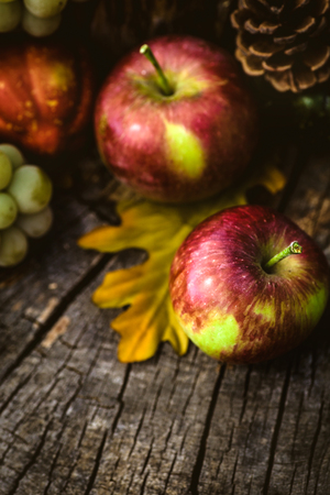 Autumn nature concept. Fall fruit and vegetables on wood. Apples and grapes on woodの写真素材