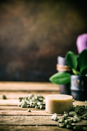 Spa and wellness setting with oils and plants. Dayspa nature productsの写真素材