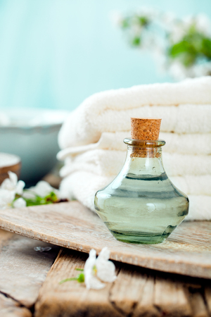 Spa and wellness setting with natural soap, candles and towel. Beige dayspa nature set with copyspaceの写真素材