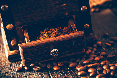 Coffee.Ground coffee with grinder.. Vintage coffeeの写真素材