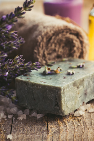Lavender spa setting. Wellness theme with lavender products.の写真素材