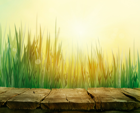 Spring grass. Blur background. Summer nature. Bokeh blurred background.Wooden table. Wood planksの写真素材