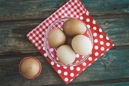 Healthy food- Breakfast with boiled eggs on wood.の写真素材