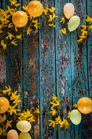 Colorful Easter table setting. Family holiday.  Easter background decorationの写真素材