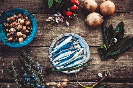 Fresh sardines. Fish with vegetables. Mediterranean fish on plateの写真素材