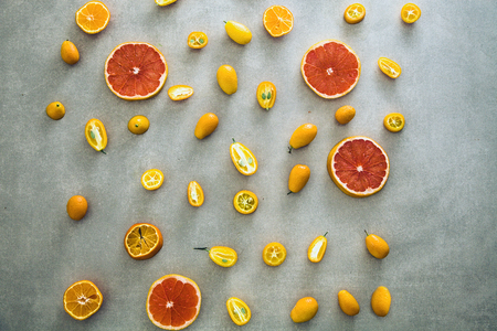 Orange fruit variety. Fruit assortment. Flat lay of fruitの写真素材