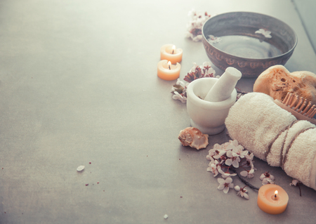 Spa natural concept. Dayspa cosmetics products. Spa and wellness setting.の写真素材