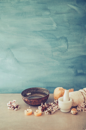 Spa natural concept. Dayspa cosmetics products. Spa and wellness setting.の写真素材