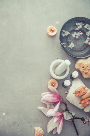 Spa natural concept. Dayspa cosmetics products. Spa and wellness setting.の写真素材