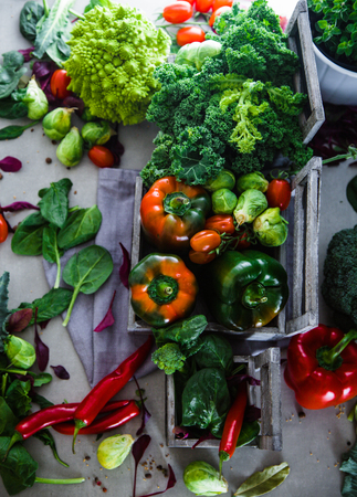 Fresh vegetables flatlay overhead frame. Food layout. Vegetables varietyの写真素材