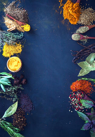 Spices and herbs. Variety of spices and mediterranean herbs. Food backgroundの写真素材