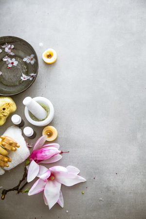 Spa natural concept. Dayspa cosmetics products. Spa and wellness setting.の写真素材