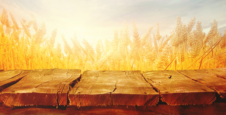 Wheat field with wood planks. Empty tabletop. Table with wheat.Beautiful Nature Sunset Landscape. Rural Scenery with golden wheat. Agriculture background with Harvestの写真素材