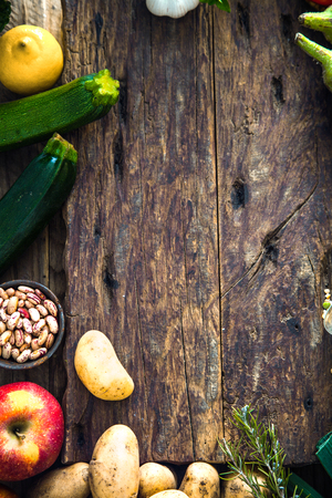 Vegetables on wood. Bio Healthy food, herbs and spices. Organic vegetables on woodの写真素材