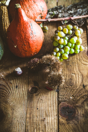 Thanksgiving dinner. Autumn fruit with copyspace. Thanksgiving autumn backgroundの写真素材