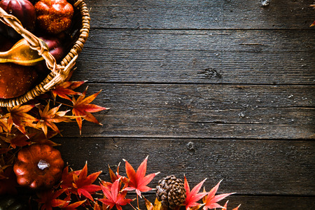 Autumn leaves. Fall red leaves on wood. Nature backgroundの写真素材