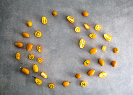 Orange fruit variety. Fruit assortment. Flat lay of fruitの写真素材