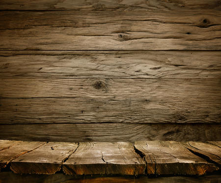 Wood background - table with wooden wall. Wooden table background. Empty displayの写真素材