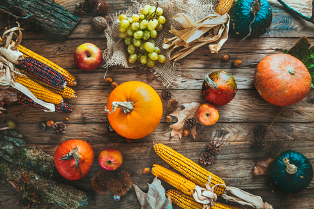 Thanksgiving day.  Autumn fruit over wood.Thanksgiving autumn backgroundの写真素材