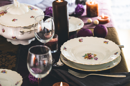 Table setting for dinner. Elegant place setting for restaurantの写真素材