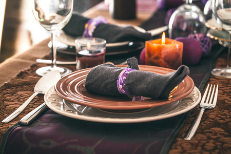 Table setting for dinner. Elegant place setting for restaurant. Wedding or Valentines dinner.の写真素材