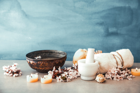 Spa natural concept. Dayspa cosmetics products. Spa and wellness setting.の写真素材