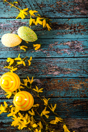 Colorful Easter table setting. Family holiday.  Easter background decorationの写真素材