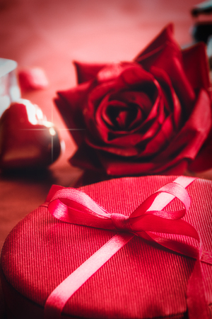 Valentine's day red bow on luxury present. St Valentines day giftの写真素材