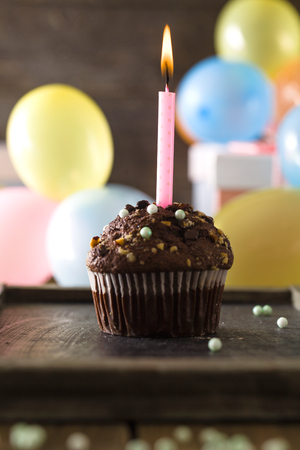 Birthday background. Birthday celebration with cupcake. Birthday greeting cardの写真素材