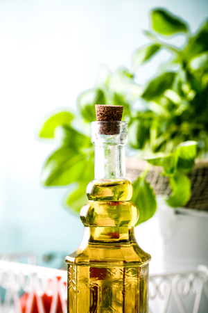 Cooking food ingredients. Olive oil and basil leafの写真素材