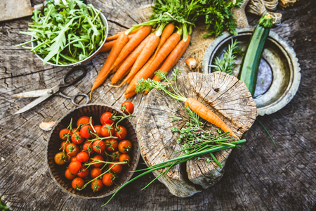 Fresh organic vegetables. Food background. Healthy food from gardenの写真素材