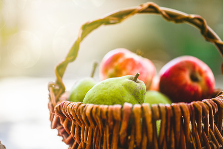 Fresh apples and pears on wood. Fresh organic fruit. Red applesの写真素材